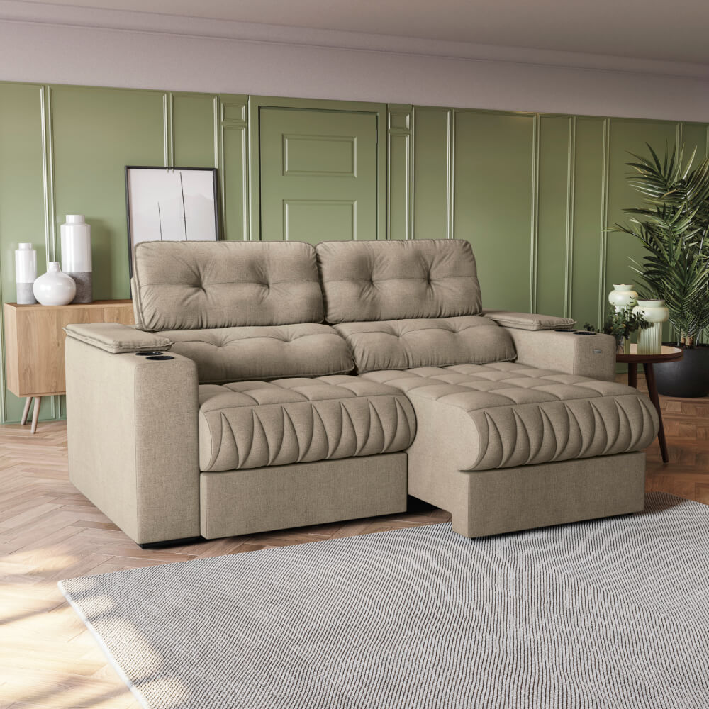 Estofado Premier 3 Lugares com Porta Copos Veludo Fendi Kapp