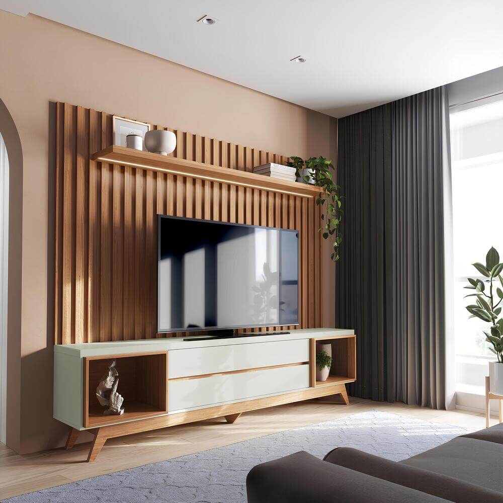 Rack com Painel e Fita de LED TB343F Freijó/Off White Dalla - Loja Solar